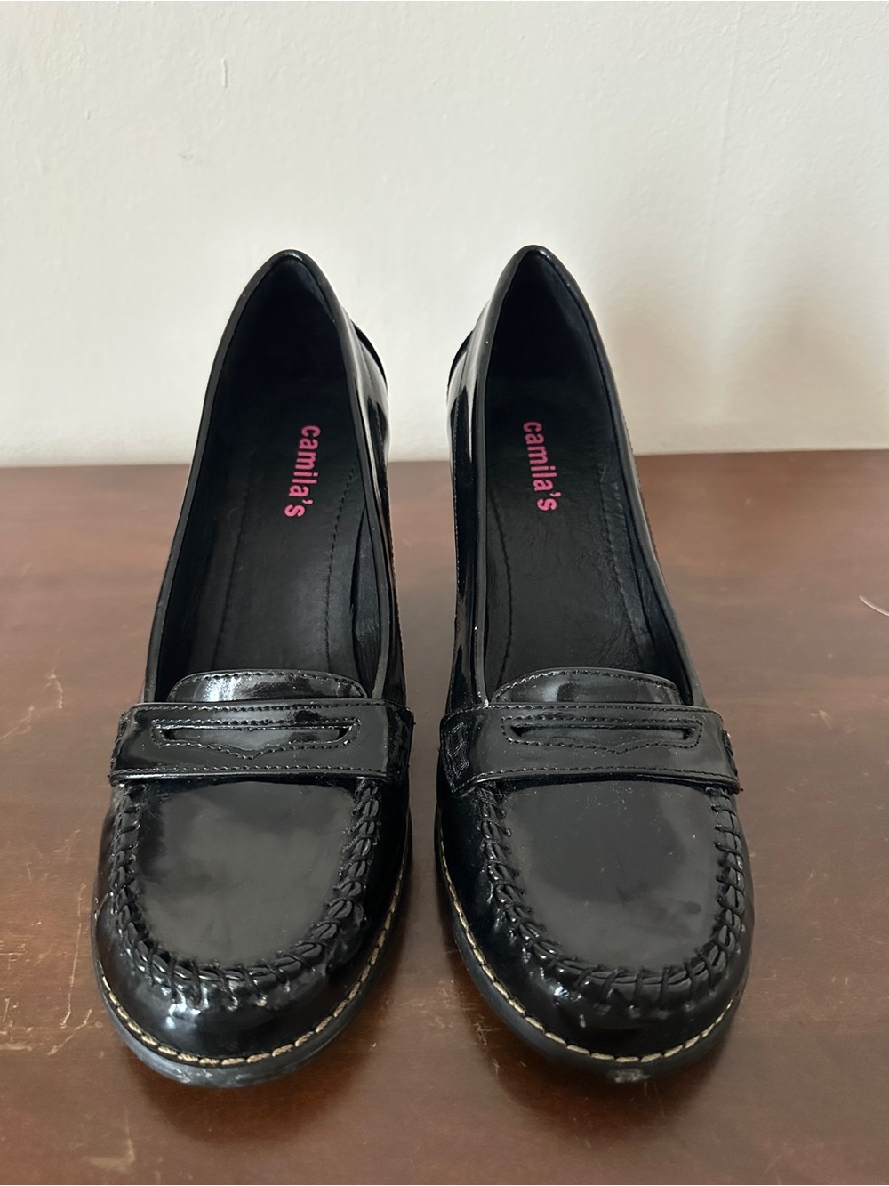 Vintage Camila’s Black Patent Loafer Heels made in Spain